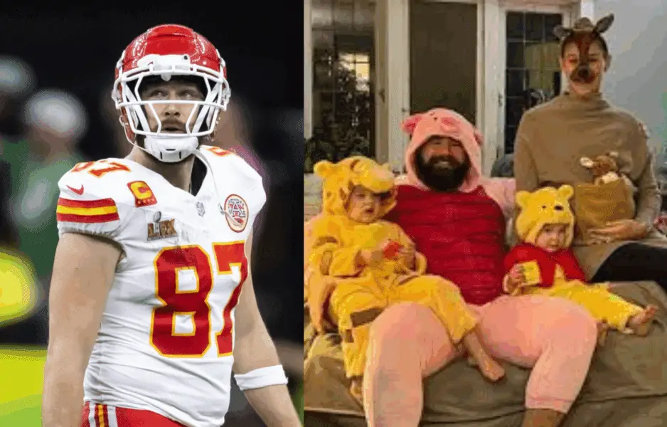 Travis Kelce, Jason Kelce with wife Kylie and kids. Photo credits: Imagn and Yahoo!