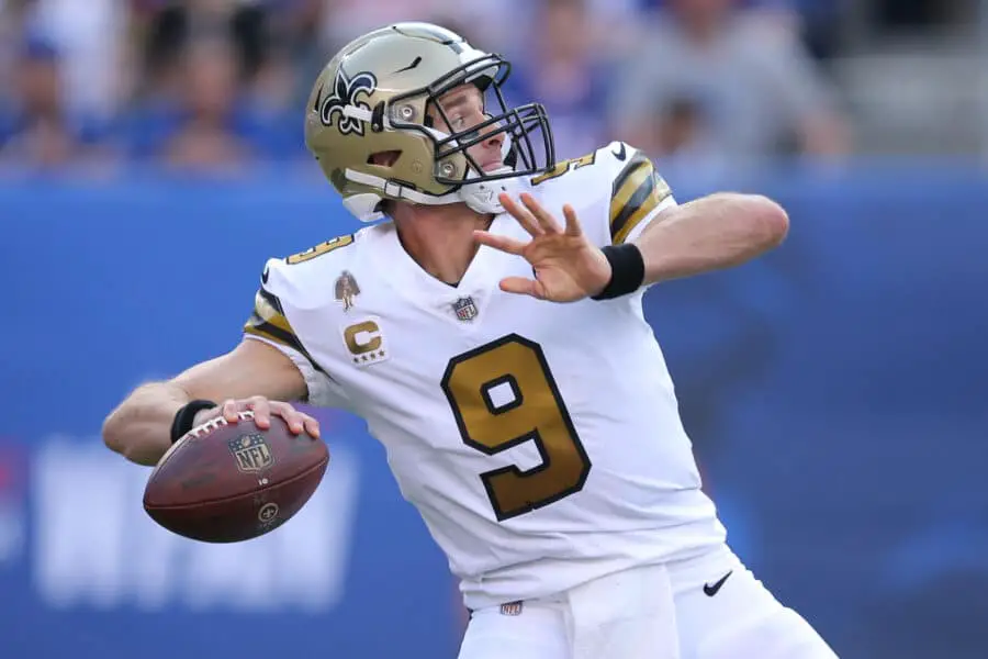 Sep 30, 2018; East Rutherford, NJ, USA; New Orleans Saints quarterback Drew Brees (9) throws a pass against New York Giants during the first quarter at MetLife Stadium. Mandatory Credit: Brad Penner-Imagn Images
