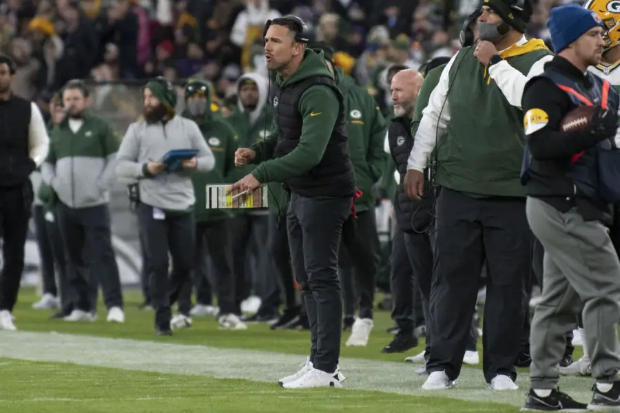 Dec 19, 2021; Baltimore, Maryland, USA; Green Bay Packers head coach Matt LaFleur reacts during the first quarter against the Baltimore Ravens at M&T Bank Stadium. Mandatory Credit: Tommy Gilligan-Imagn Images