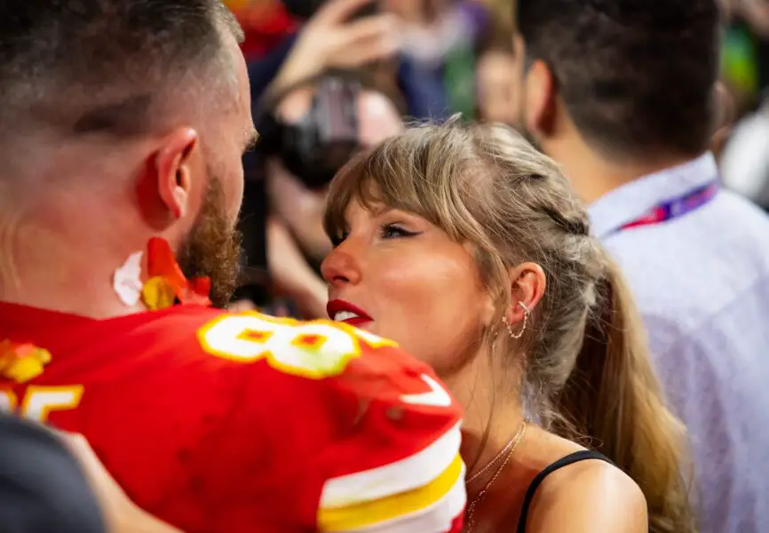 Taylor Swift steps back to let Travis Kelce shine during TEU surprise 3 Feb 11, 2024; Paradise, Nevada, USA; Kansas City Chiefs tight end Travis Kelce (87) celebrates with girlfriend Taylor Swift after defeating the San Francisco 49ers in Super Bowl LVIII at Allegiant Stadium. Mandatory Credit: Mark J. Rebilas-Imagn Images