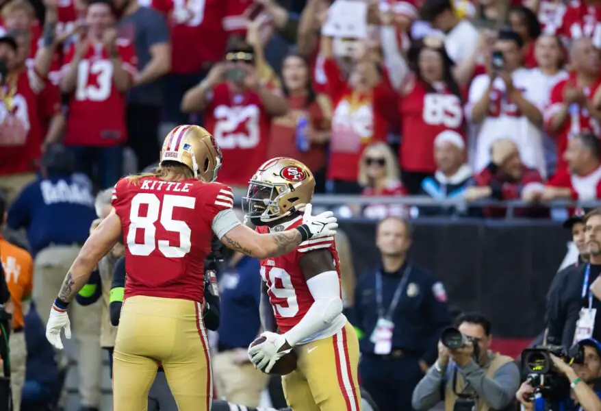 George Kittle sends emotional message to Deebo Samuel after trade 1 Dec 17, 2023; Glendale, Arizona, USA; San Francisco 49ers wide receiver Deebo Samuel (19) celebrates a touchdown with tight end George Kittle (85) against the Arizona Cardinals at State Farm Stadium. Mandatory Credit: Mark J. Rebilas-Imagn Images