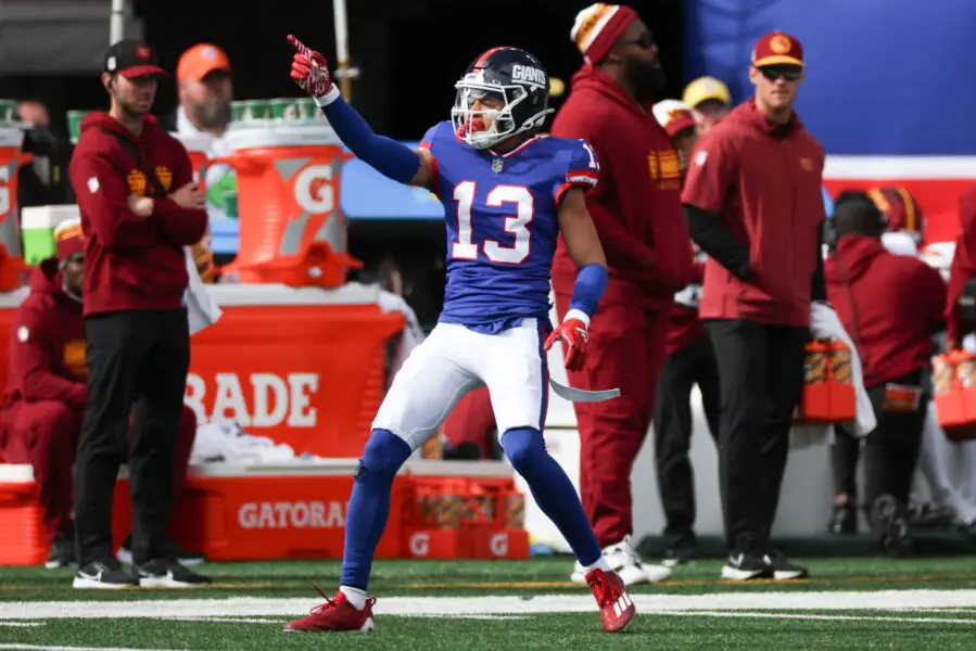 Jalin Hyatt adds muscle, targets breakout year with Giants 1 Oct 22, 2023; East Rutherford, New Jersey, USA; New York Giants wide receiver Jalin Hyatt (13) reacts after a first down catch during the first half against the Washington Commanders at MetLife Stadium. Mandatory Credit: Vincent Carchietta-Imagn Images