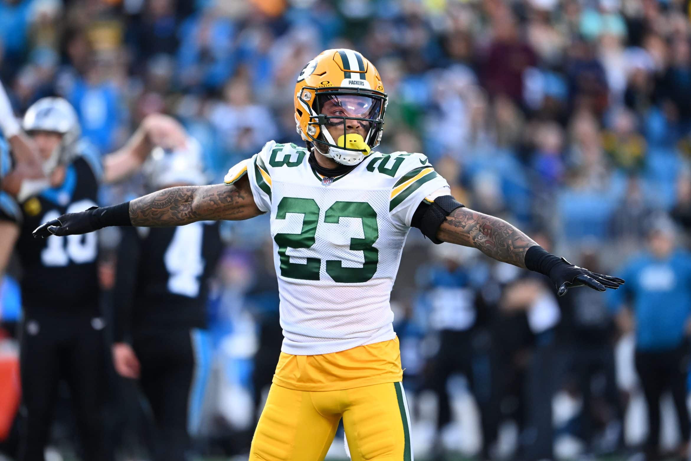 Dec 24, 2023; Charlotte, North Carolina, USA; Green Bay Packers cornerback Jaire Alexander (23) reacts in the fourth quarter at Bank of America Stadium. Mandatory Credit: Bob Donnan-Imagn Images