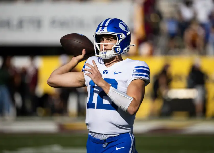 BYU QB Jake Retzlaff expected to leave program amid Honor Code violation 1 Nov 23, 2024; Tempe, Arizona, USA; Brigham Young Cougars quarterback Jake Retzlaff (12) against the Arizona State Sun Devils at Mountain America Stadium. Mandatory Credit: Mark J. Rebilas-Imagn Images