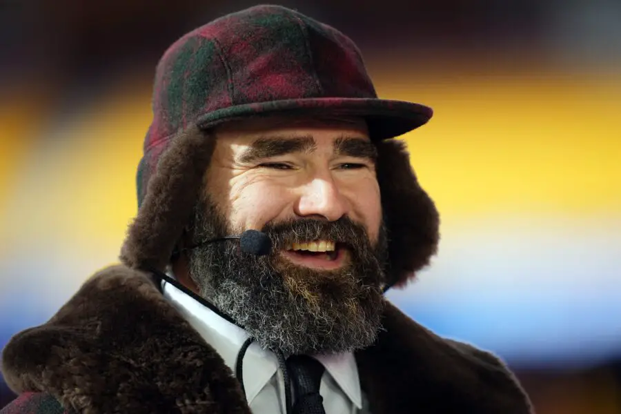 Jason Kelce raises $1 million for Eagles Autism Foundation 1 Jan 18, 2025; Kansas City, Missouri, USA; Philadelphia Eagles former player and ESPN commentator Jason Kelce reacts before in a 2025 AFC divisional round game between the Kansas City Chiefs and the Houston Texans at GEHA Field at Arrowhead Stadium. Mandatory Credit: Jay Biggerstaff-Imagn Images