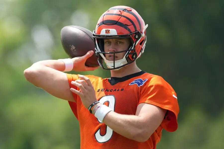 Jun 10, 2025; Cincinnati, OH, USA; Cincinnati Bengals quarterback Joe Burrow (9) during practice at Paycor Stadium. Mandatory Credit: Kareem Elgazzar-Imagn Images