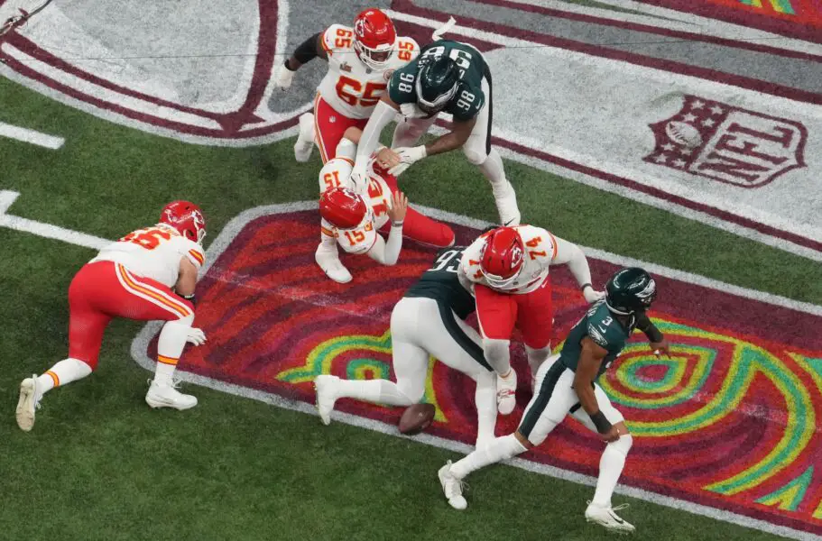 Chiefs get major boost as Andy Reid confirms key players ready for new season 3 Feb 9, 2025; New Orleans, LA, USA; Kansas City Chiefs quarterback Patrick Mahomes (15) fumbles the ball as he is hit by Philadelphia Eagles defensive tackle Jalen Carter (98) in the fourth quarter during Super Bowl LIX at Caesars Superdome. Mandatory Credit: James Lang-Imagn Images