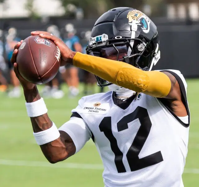 Jacksonville Jaguars wide receiver Travis Hunter (12) hauls in a pass during a drill during the Jacksonville Jaguars’ mandatory minicamp Tuesday June 10, 2025 at the Miller Electric Center in Jacksonville, Fla. [Doug Engle/Florida Times-Union]
