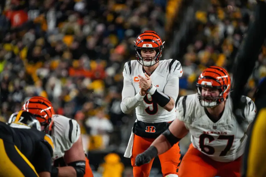 Bengals Joe Burrow (9) gets ready for a play during their game against the Steelers at Acrisure Stadium on Saturday January 4, 2025. The Bengals won the game with a final score of 19-17.