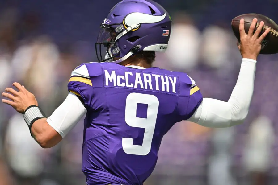 JJ McCarthy set to take over Vikings offense after lost rookie year 3 Aug 10, 2024; Minneapolis, Minnesota, USA; Minnesota Vikings quarterback J.J. McCarthy (9) warms up before the game against the Las Vegas Raiders at U.S. Bank Stadium. Mandatory Credit: Jeffrey Becker-Imagn Images