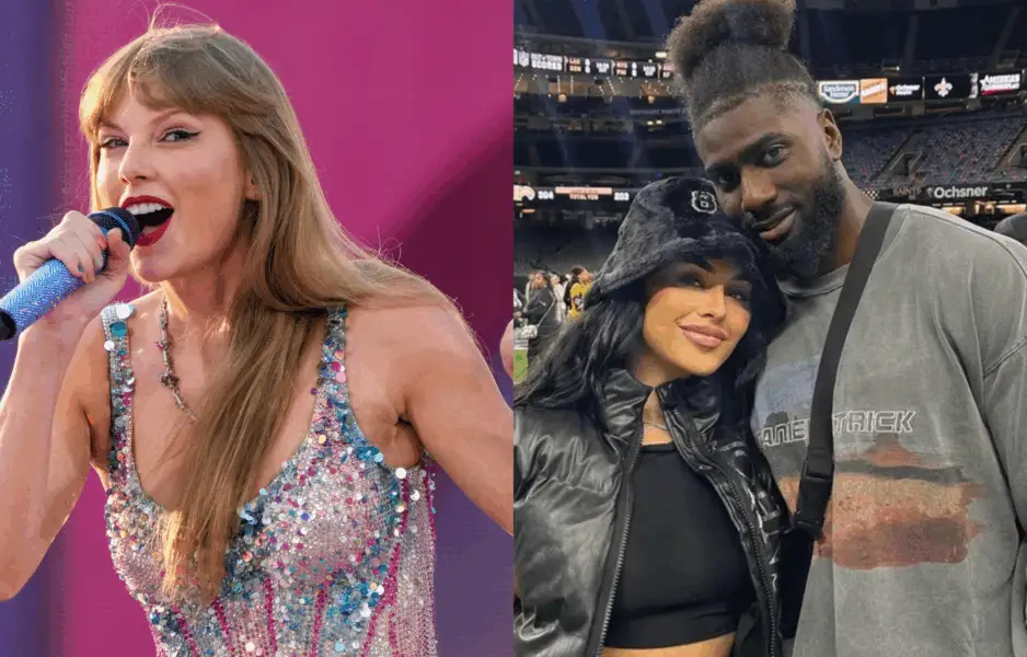 Taylor Swift (left) and Juwan Johnson with wife, Chanen (right). Photo credits: Imagn and Instagram
