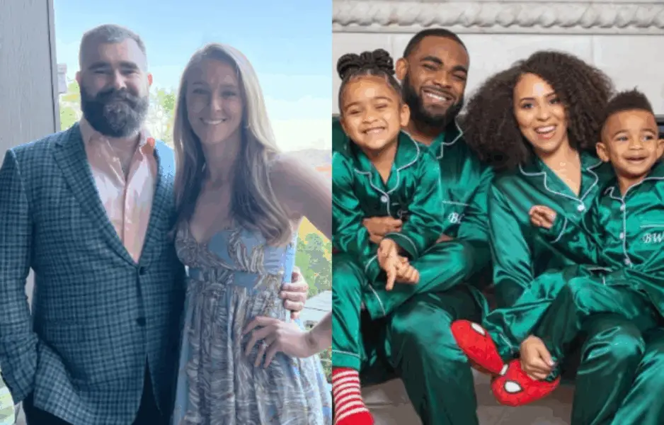Jason Kelce with wife Kylie (left), and Brandon Graham's family (right). Photo credits: Instagram