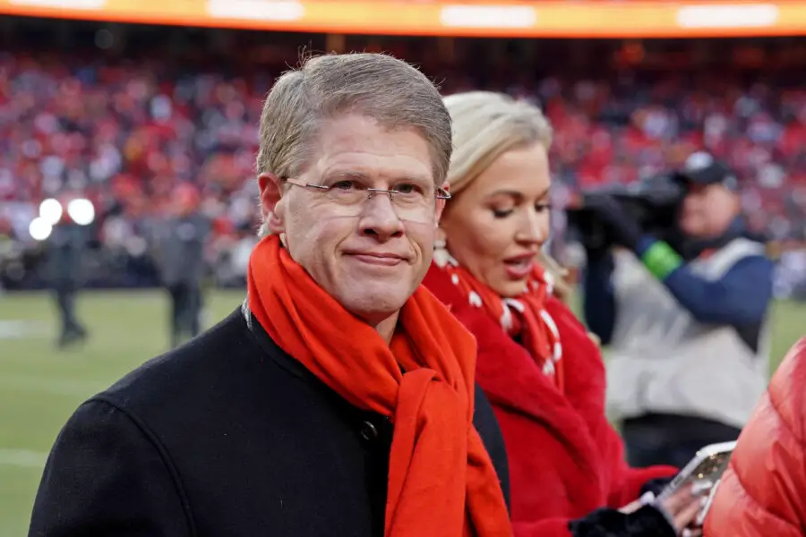 Jan 29, 2023; Kansas City, Missouri, USA; CEO of the Kansas City Chiefs Clark Hunt looks on before the AFC Championship game between the Kansas City Chiefs and the Cincinnati Bengals at GEHA Field at Arrowhead Stadium. Mandatory Credit: Denny Medley-USA TODAY Sports