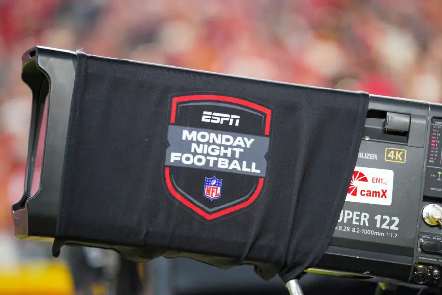 Oct 7, 2024; Kansas City, Missouri, USA; A general view of the ESPN Monday night Football logo during the first half of the game between the Kansas City Chiefs and New Orleans Saints at GEHA Field at Arrowhead Stadium. Mandatory Credit: Denny Medley-Imagn Images
