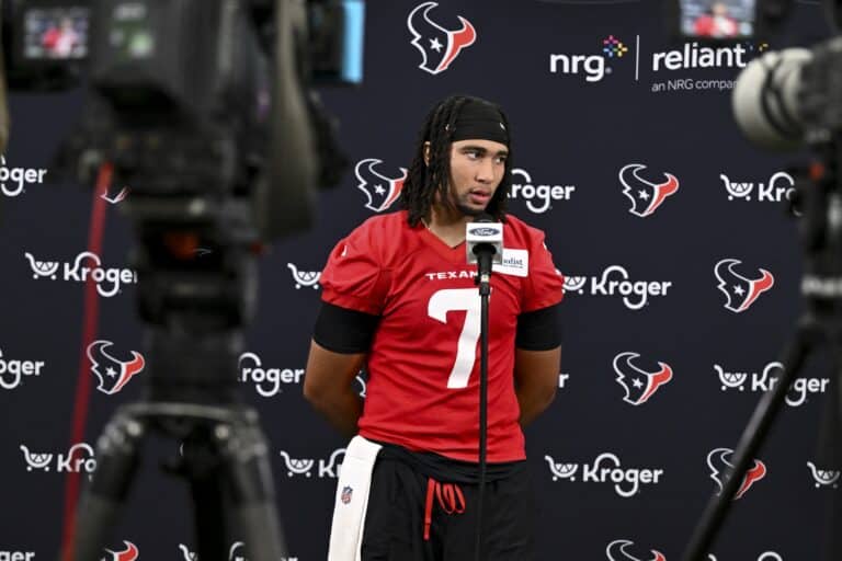 Jun 10, 2025; Houston, TX, USA; Houston Texans quarterback C.J. Stroud speaks at a press conference after an NFL football minicamp at NRG Stadium. Mandatory Credit: Maria Lysaker-Imagn Images