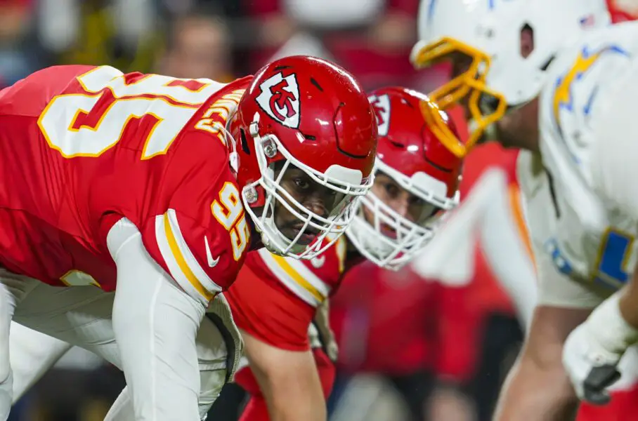 Chris Jones’ stock falls as Chiefs brace for shifting defensive identity 3 Dec 8, 2024; Kansas City, Missouri, USA; Kansas City Chiefs defensive tackle Chris Jones (95) and defensive end George Karlaftis (56) get ready before the snap during the first half against the Los Angeles Chargers at GEHA Field at Arrowhead Stadium. Mandatory Credit: Jay Biggerstaff-Imagn Images