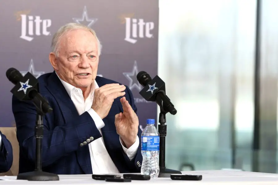 Jan 27, 2025; Frisco, TX, USA; Dallas Cowboys owner Jerry Jones speaks to the media at a press conference at the Star. Mandatory Credit: Tim Heitman-Imagn Images