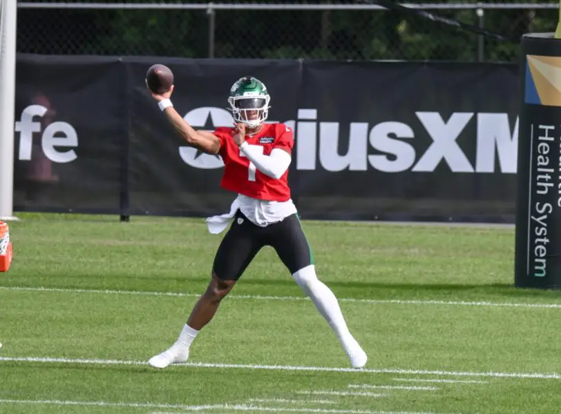 Jul 23, 2025; Florham Park, NY, USA; New York Jets quarterback Justin Fields (7) speaks at a press conference during training camp at Atlantic Health Jets Training Center. Mandatory Credit: John Jones-Imagn Images