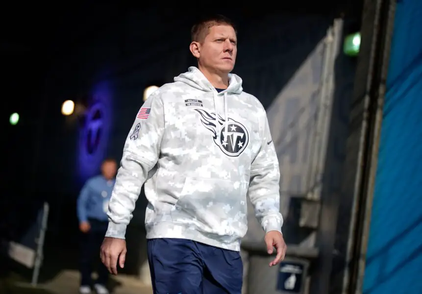 Tennessee Titans place kicker Nick Folk (6) heads out for warm ups before facing the Minnesota Vikings at Nissan Stadium in Nashville, Tenn., Sunday, Nov. 17, 2024.
