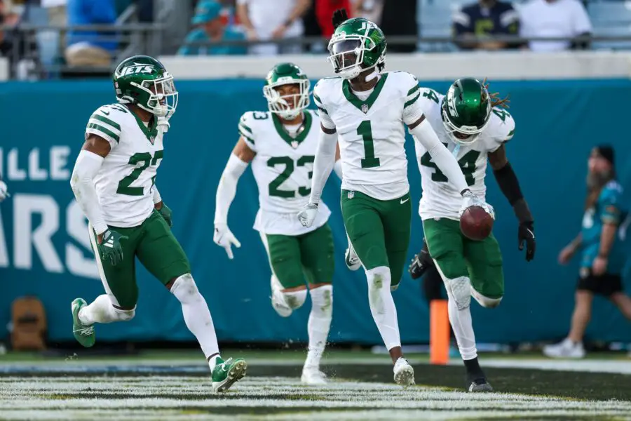 Jets' Sauce Gardner pushes for greatness after down year 3 Dec 15, 2024; Jacksonville, Florida, USA; New York Jets cornerback Sauce Gardner (1) celebrates after an interception against the Jacksonville Jaguars in the fourth quarter at EverBank Stadium. Mandatory Credit: Nathan Ray Seebeck-Imagn Images