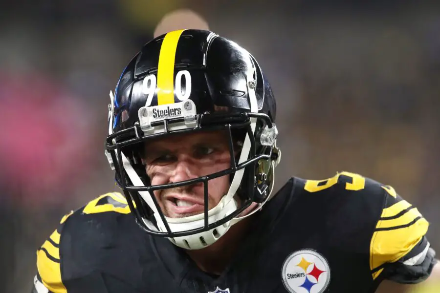 Oct 28, 2024; Pittsburgh, Pennsylvania, USA; Pittsburgh Steelers linebacker T.J. Watt (90) reacts on the field against the New York Giants during the third quarter at Acrisure Stadium. Mandatory Credit: Charles LeClaire-Imagn Images
