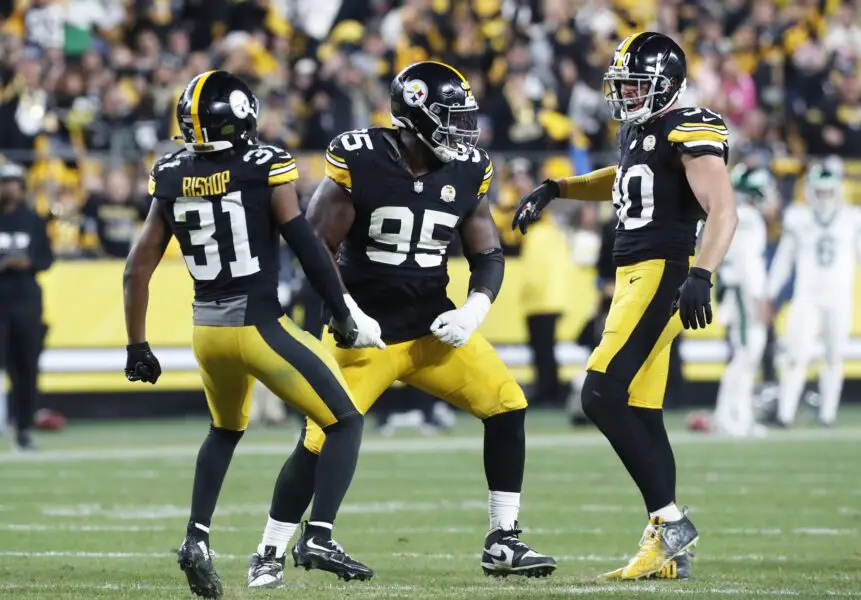 Oct 28, 2024; Pittsburgh, Pennsylvania, USA; Pittsburgh Steelers linebacker T.J. Watt (90) reacts on the field against the New York Giants during the third quarter at Acrisure Stadium. Mandatory Credit: Charles LeClaire-Imagn Images