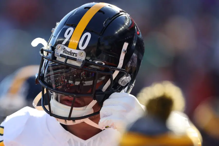 Dec 1, 2024; Cincinnati, Ohio, USA; Pittsburgh Steelers linebacker T.J. Watt (90) warms up before the game against the Cincinnati Bengals at Paycor Stadium. Mandatory Credit: Joseph Maiorana-Imagn Images