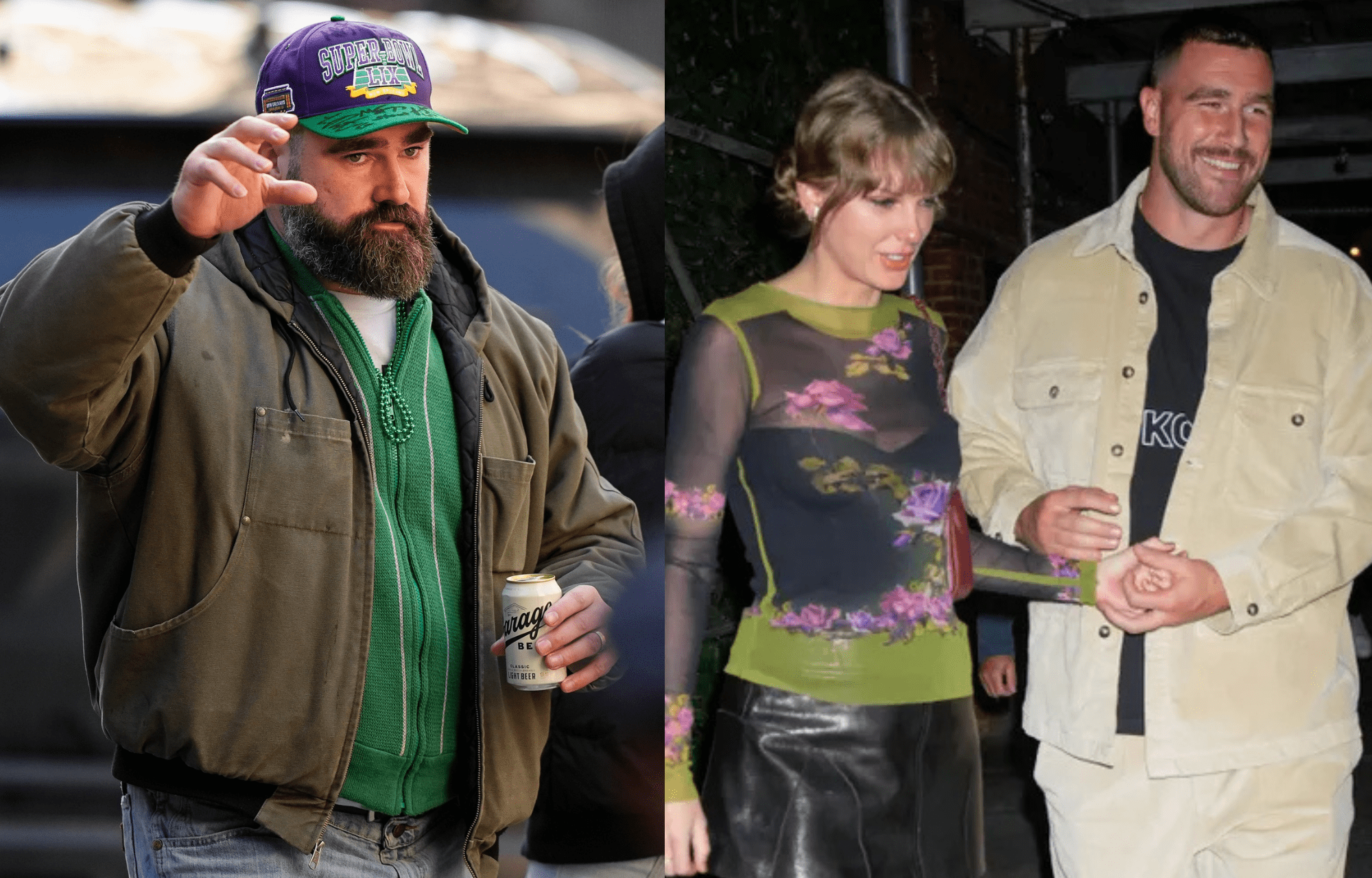 Jason Kelce (left), and newly-engaged couple Taylor Swift and Travis Kelce (right). Photo credits: Instagram and Imagn