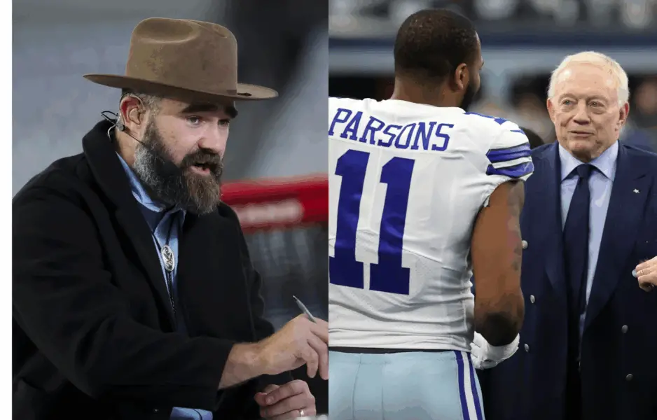Jason Kelce (left), and Micah Parsons with Dallas Cowboys Owner, Jerry Jones (right). Photo credits: Imagn