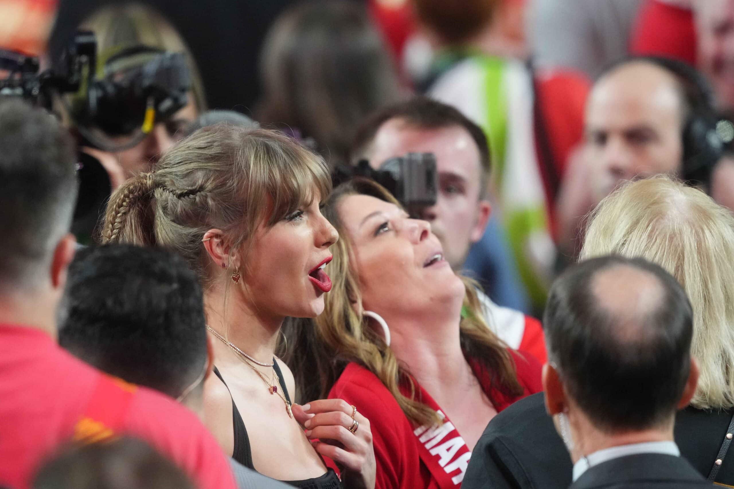 Feb 11, 2024; Paradise, Nevada, USA; recording artist Taylor Swift celebrates the win over the San Francisco 49ers in overtime of Super Bowl LVIII at Allegiant Stadium. Mandatory Credit: Joe Camporeale-USA TODAY Sports