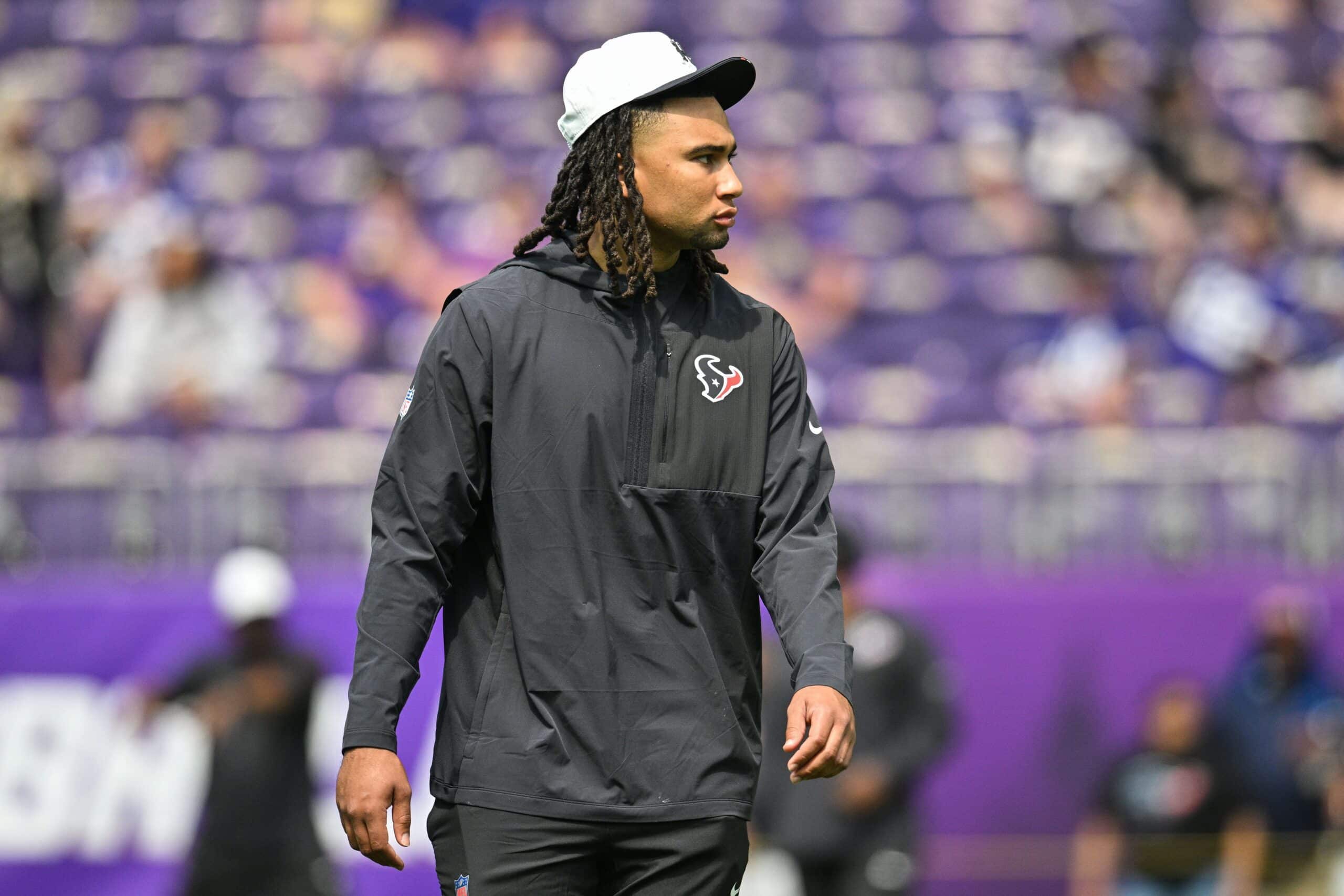 Aug 9, 2025; Minneapolis, Minnesota, USA; Houston Texans quarterback C.J. Stroud (7) looks on before the game against the Minnesota Vikings at U.S. Bank Stadium. Mandatory Credit: Jeffrey Becker-Imagn Images