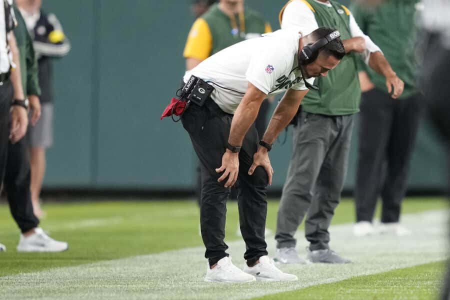 Aug 9, 2025; Green Bay, Wisconsin, USA; Green Bay Packers head coach Matt LaFleur reacts to a penalty call against his team during the second half against the New York Jets at Lambeau Field. Mandatory Credit: Kayla Wolf-Imagn Images