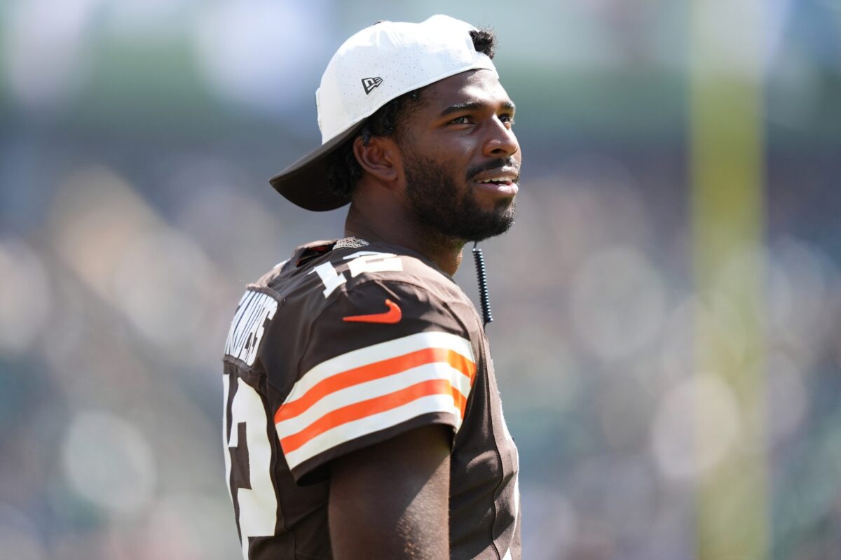 Aug 16, 2025; Philadelphia, Pennsylvania, USA; Cleveland Browns quarterback Shedeur Sanders (12) looks on against the Philadelphia Eagles during the game at Lincoln Financial Field. Mandatory Credit: Kyle Ross-Imagn Images