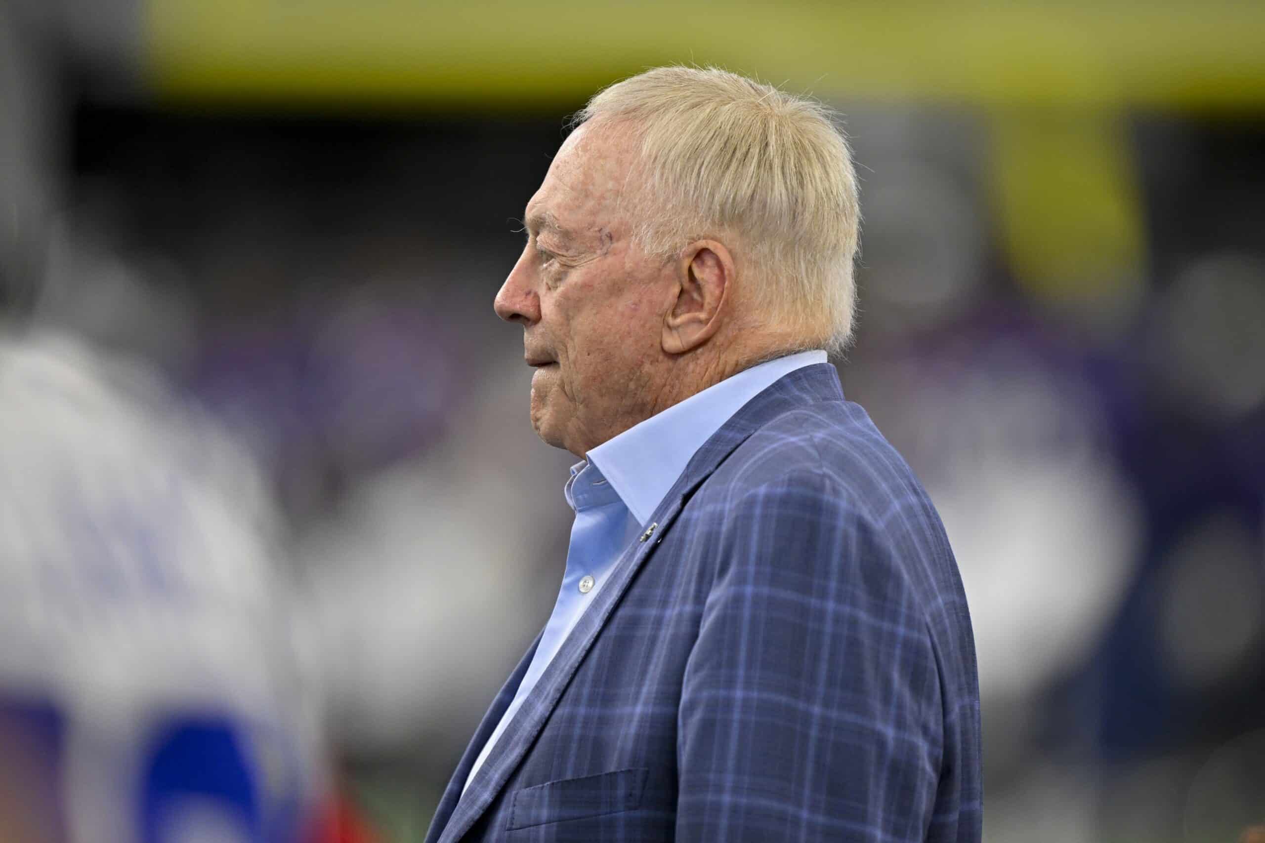 Aug 16, 2025; Arlington, Texas, USA; Dallas Cowboys owner Jerry Jones (left) looks on before the game against the Baltimore Ravens at AT&T Stadium. Mandatory Credit: Jerome Miron-Imagn Images