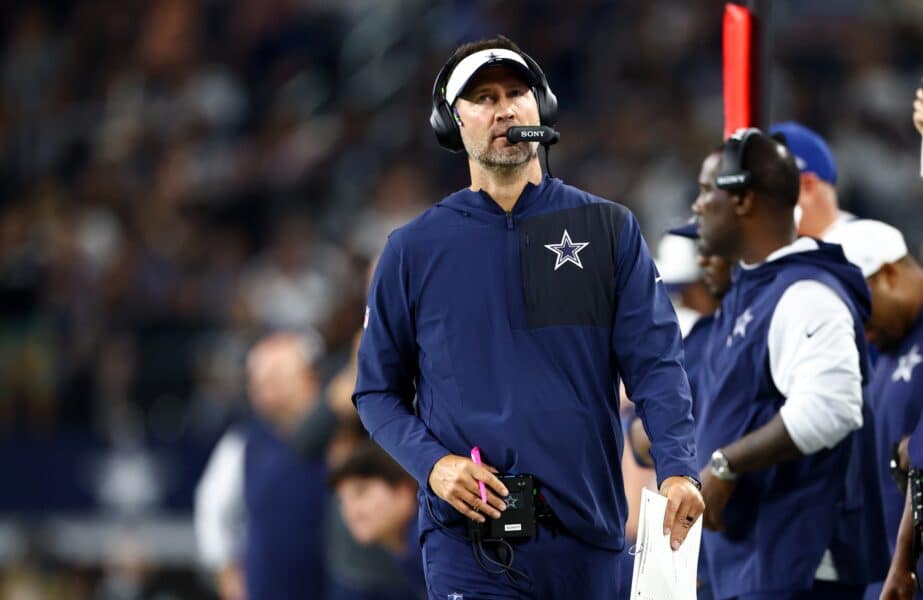 Aug 22, 2025; Arlington, Texas, USA; Dallas Cowboys head coach Brian Schottenheimer during the second half against the Atlanta Falcons at AT&T Stadium. Mandatory Credit: Kevin Jairaj-Imagn Images