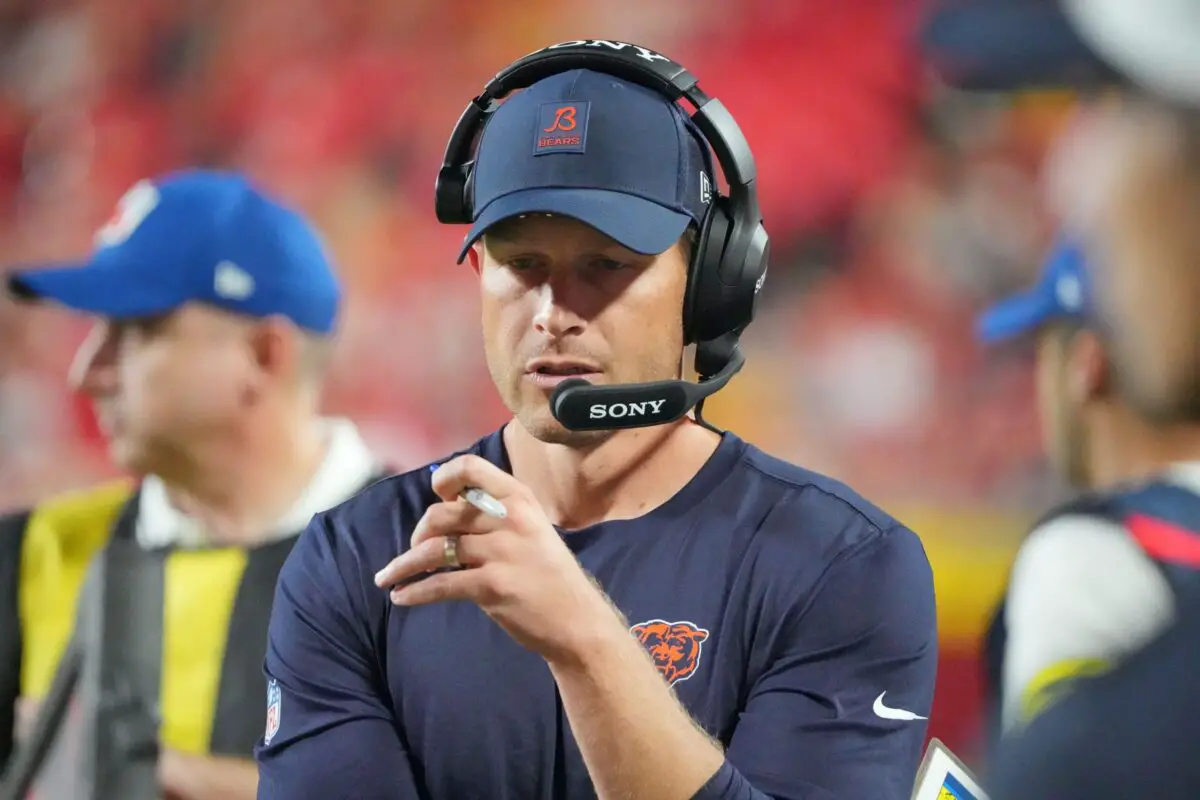 Aug 22, 2025; Kansas City, Missouri, USA; Chicago Bears head coach Ben Johnson on field against the Kansas City Chiefs during the second half of the game at GEHA Field at Arrowhead Stadium. Mandatory Credit: Denny Medley-Imagn Images
