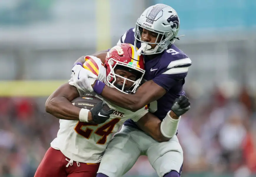'Terrible': Top 25 College Football Head Coach Taking Heat After Ugly Loss In Ireland 3 Iowa State player Abu Sama III is tackled by Donovan McIntosh of of Kansas State during the Aer Lingus Classic between Iowa State and Kansas State at Aviva Stadium.