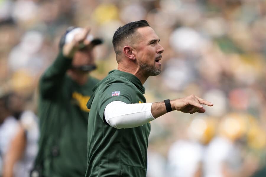 Aug 23, 2025; Green Bay, Wisconsin, USA; Green Bay Packers Head Coach Matt LaFleur coaches against the Seattle Seahawks during the first half at Lambeau Field. Mandatory Credit: Kayla Wolf-Imagn Images