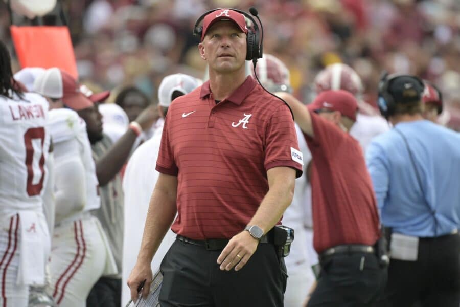 Is Alabama The Favorite To Win The SEC? 2 Aug 30, 2025; Tallahassee, Florida, USA; Alabama Crimson Tide head coach Kalen DeBoer looks on against the Florida State Seminoles during the second half at Doak S. Campbell Stadium. Mandatory Credit: Melina Myers-Imagn Images
