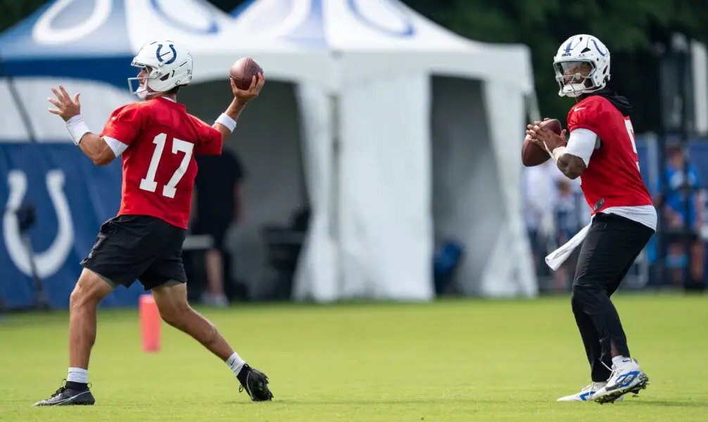 Anthony Richardson battles Daniel Jones for Colts starting job 3 Indianapolis Colts quarterbacks Daniel Jones (17) and Anthony Richardson Sr. (5) pass Friday, July 25, 2025, during training camp held at Grand Park in Westfield.