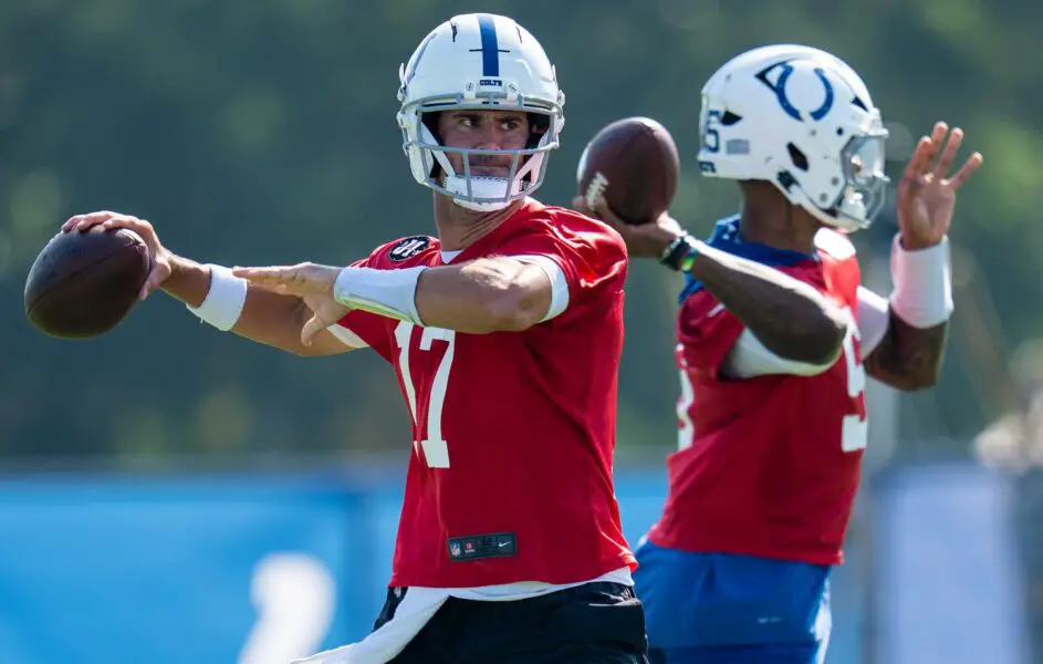 Anthony Richardson battles Daniel Jones for Colts starting job 2 Indianapolis Colts quarterbacks Daniel Jones (17) and Anthony Richardson Sr. (5) pass Wednesday, July 23, 2025, during the first day of training camp held at Grand Park in Westfield.