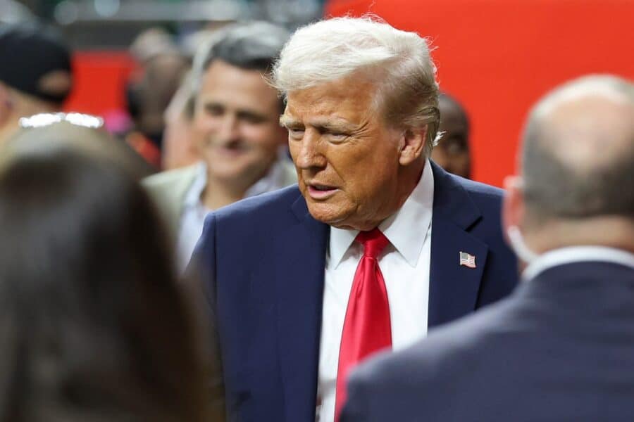 Feb 9, 2025; New Orleans, LA, USA; President Donald Trump on the sideline before Super Bowl LIX between the Philadelphia Eagles and the Kansas City Chiefs at Caesars Superdome. Mandatory Credit: Geoff Burke-Imagn Images