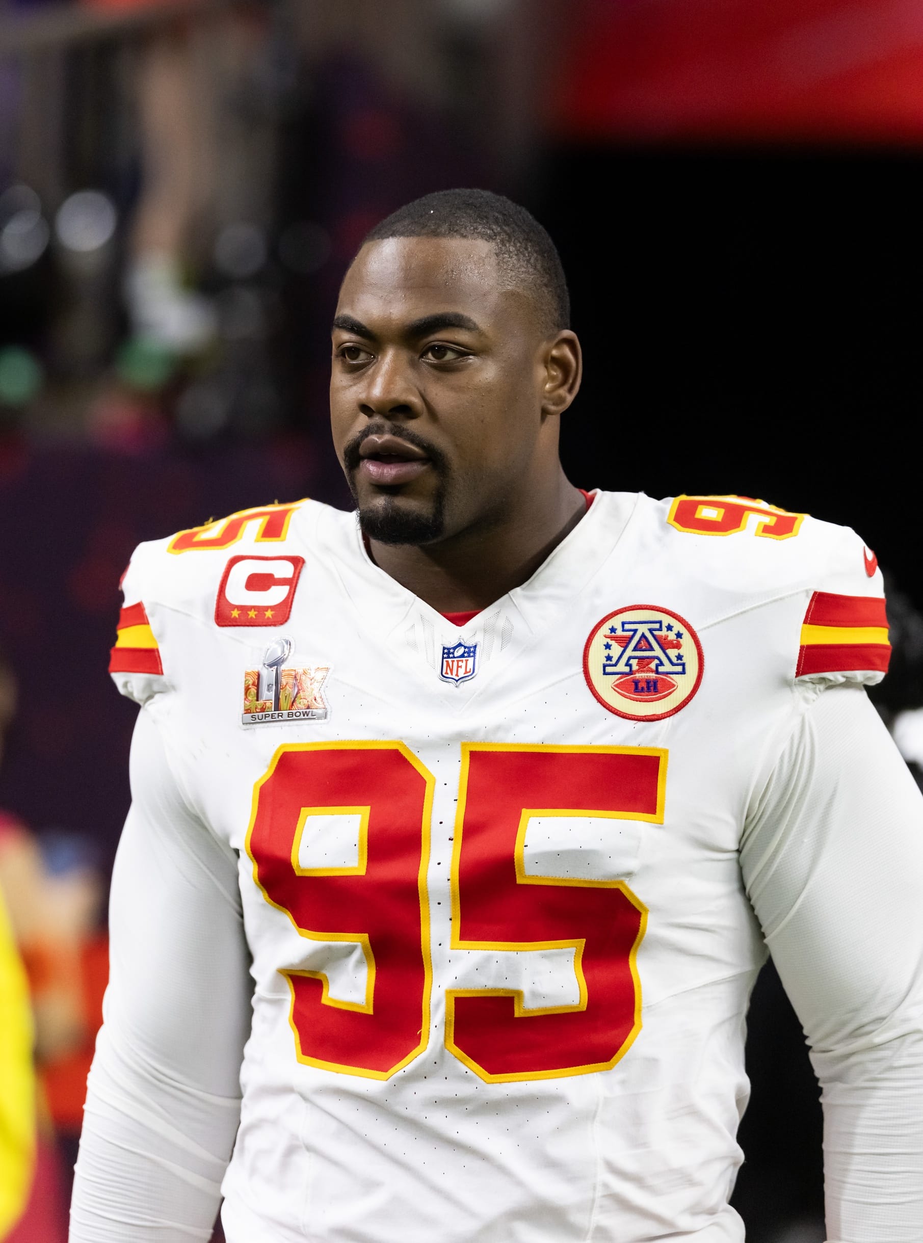 Feb 9, 2025; New Orleans, LA, USA; Kansas City Chiefs defensive tackle Chris Jones (95) against the Philadelphia Eagles in Super Bowl LIX at Ceasars Superdome. Mandatory Credit: Mark J. Rebilas-Imagn Images