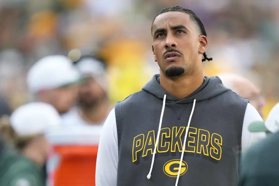 Aug 23, 2025; Green Bay, Wisconsin, USA; Green Bay Packers quarterback Jordan Love (10) looks on during the second half against Seattle Seahawks at Lambeau Field. Mandatory Credit: Kayla Wolf-Imagn Images