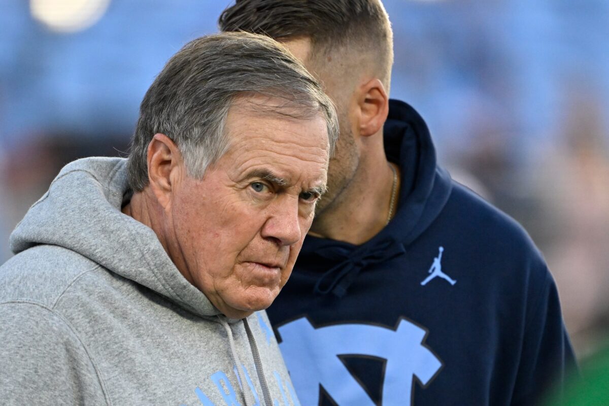 Sep 1, 2025; Chapel Hill, North Carolina, USA; North Carolina Tar Heels head coach Bill Belichick on the field before the game at Kenan Stadium. Mandatory Credit: Bob Donnan-Imagn Images