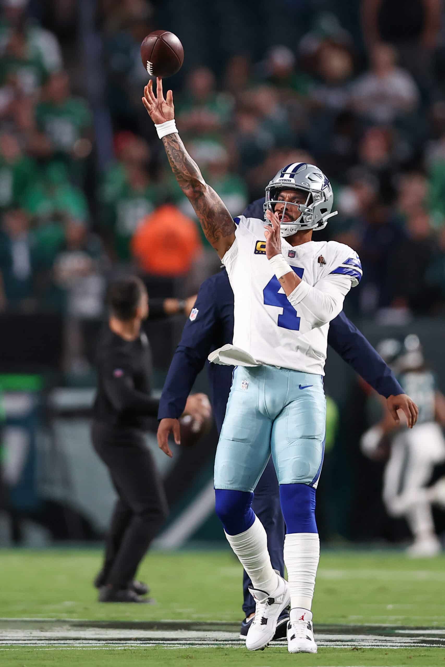 Sep 4, 2025; Philadelphia, Pennsylvania, USA; Dallas Cowboys quarterback Dak Prescott (4) warms up prior to the game against the Philadelphia Eagles at Lincoln Financial Field. Mandatory Credit: Bill Streicher-Imagn Images
