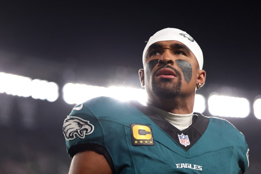 Sep 4, 2025; Philadelphia, Pennsylvania, USA; Philadelphia Eagles quarterback Jalen Hurts (1) looks on prior to the game against the Dallas Cowboys at Lincoln Financial Field. Mandatory Credit: Bill Streicher-Imagn Images