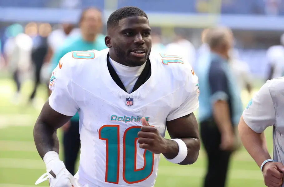 Sep 7, 2025; Indianapolis, Indiana, USA; Miami Dolphins wide receiver Tyreek Hill (10) leaves the field after losing to the Indianapolis Colts at Lucas Oil Stadium. Mandatory Credit: Trevor Ruszkowski-Imagn Images