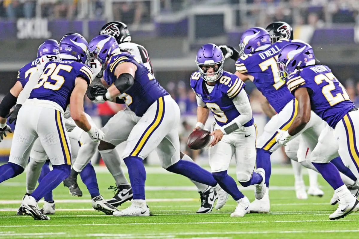 Sep 14, 2025; Minneapolis, Minnesota, USA; Minnesota Vikings quarterback J.J. McCarthy (9) runs the ball during the first half against the Atlanta Falcons at U.S. Bank Stadium. Mandatory Credit: Jeffrey Becker-Imagn Images
