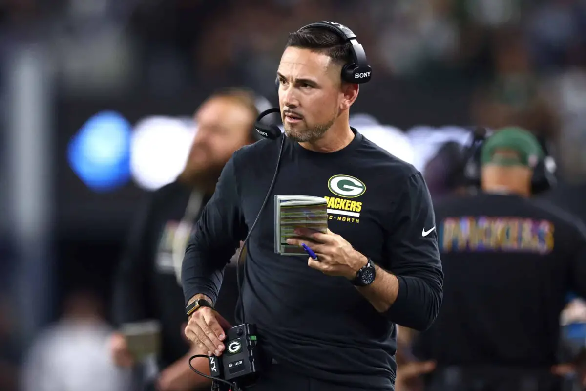 Sep 28, 2025; Arlington, Texas, USA; Green Bay Packers head coach Matt LaFleur looks on in the first quarter against the Dallas Cowboys at AT&T Stadium. Mandatory Credit: Kevin Jairaj-Imagn Images